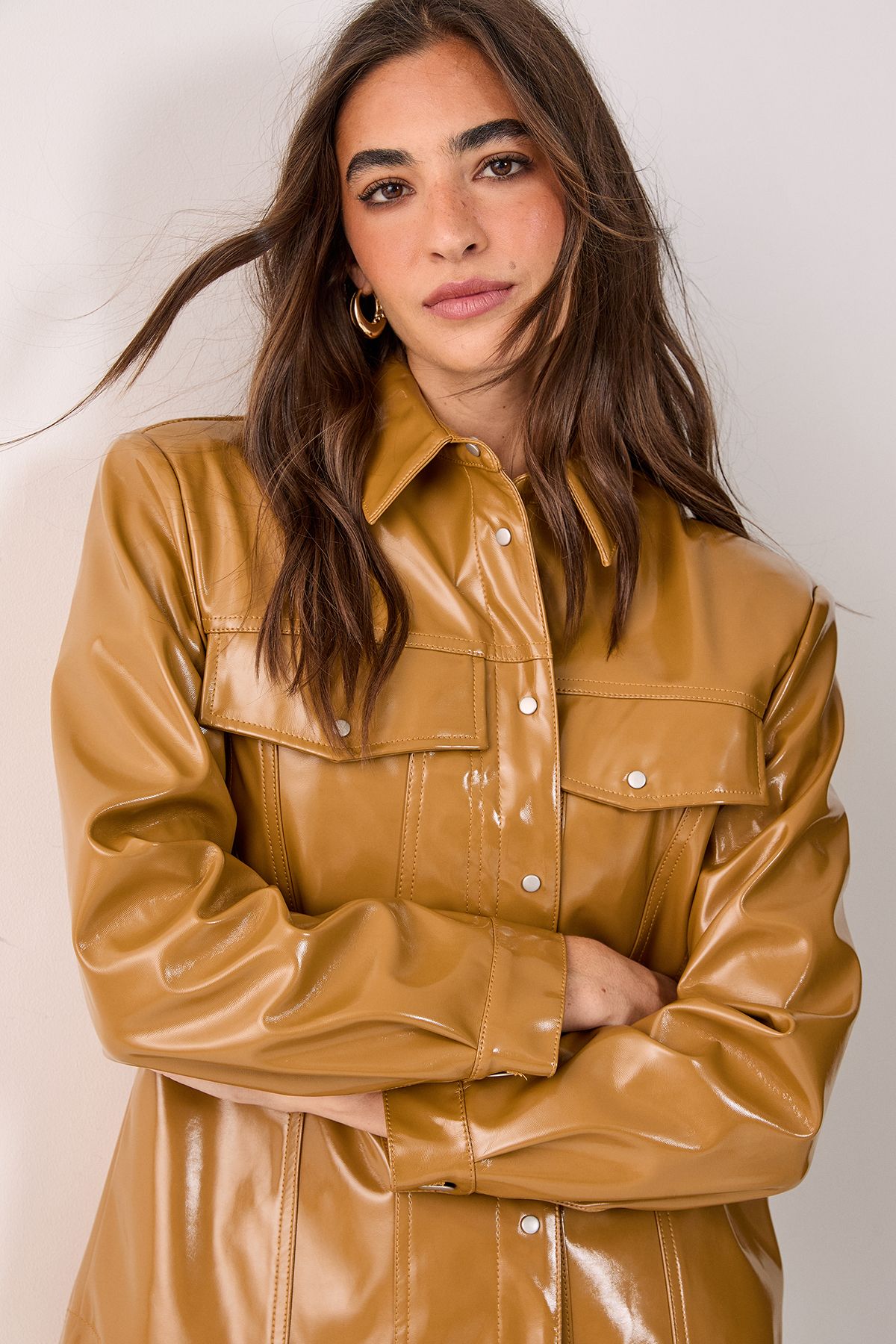 NastyGal Western Vinyl Faux Leather Shoulder Pad Shirt Camel image 4