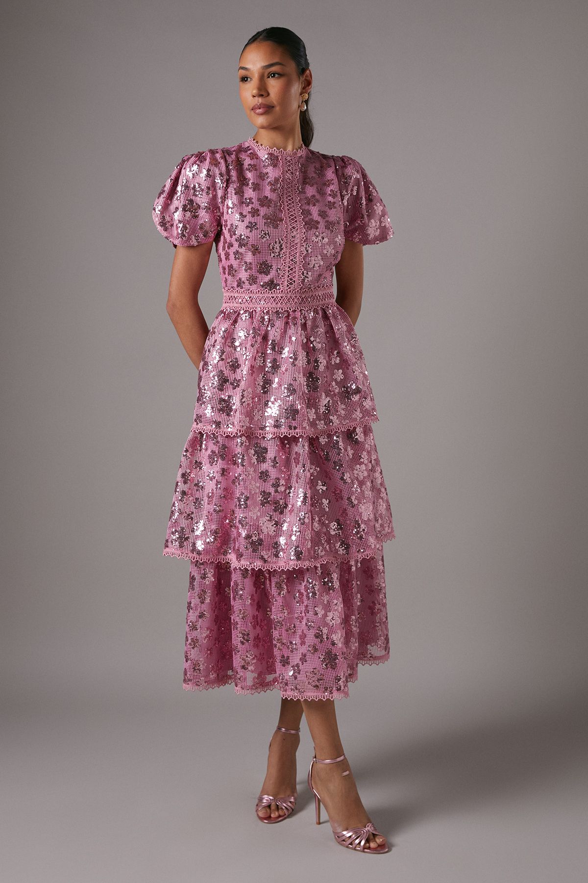 Coast Short Sleeve Flower Sequin Tiered Midaxi Dress Pink image 1