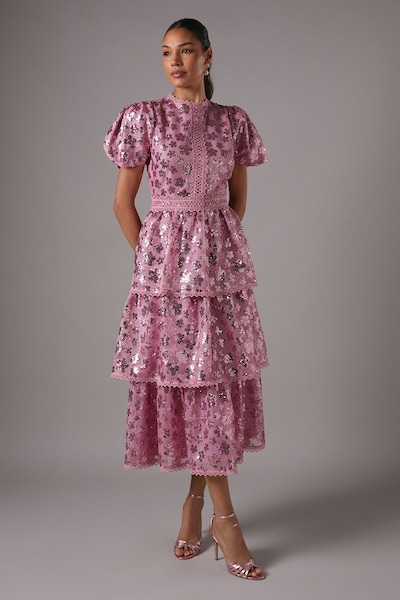 Coast Short Sleeve Flower Sequin Tiered Midaxi Dress Pink