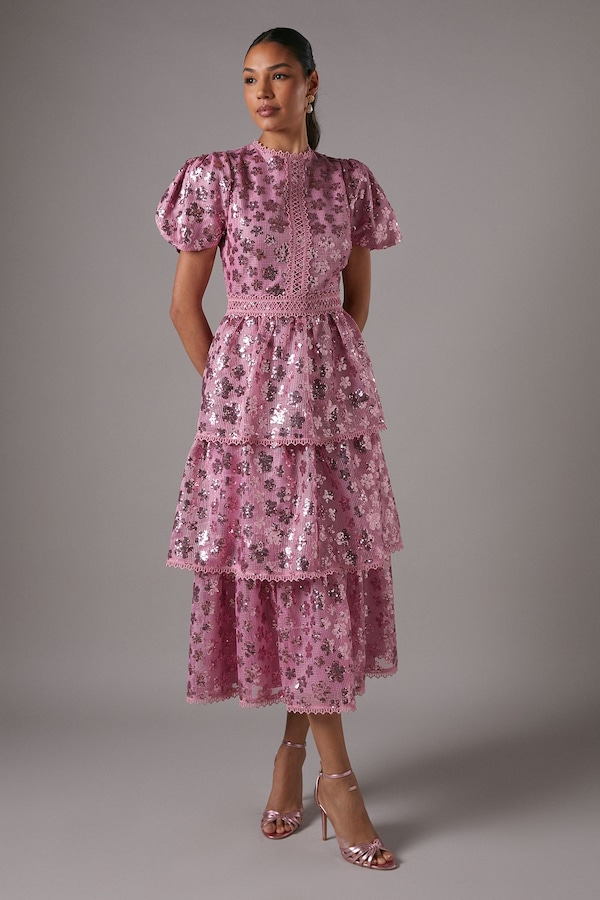 Coast Short Sleeve Flower Sequin Tiered Midaxi Dress Pink