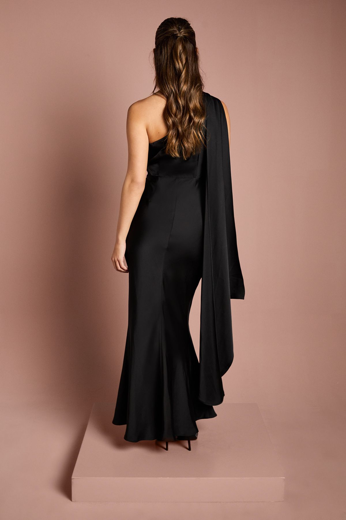 Coast One Shoulder Satin Maxi Bridesmaid Dress With Gold Trim Black image 3