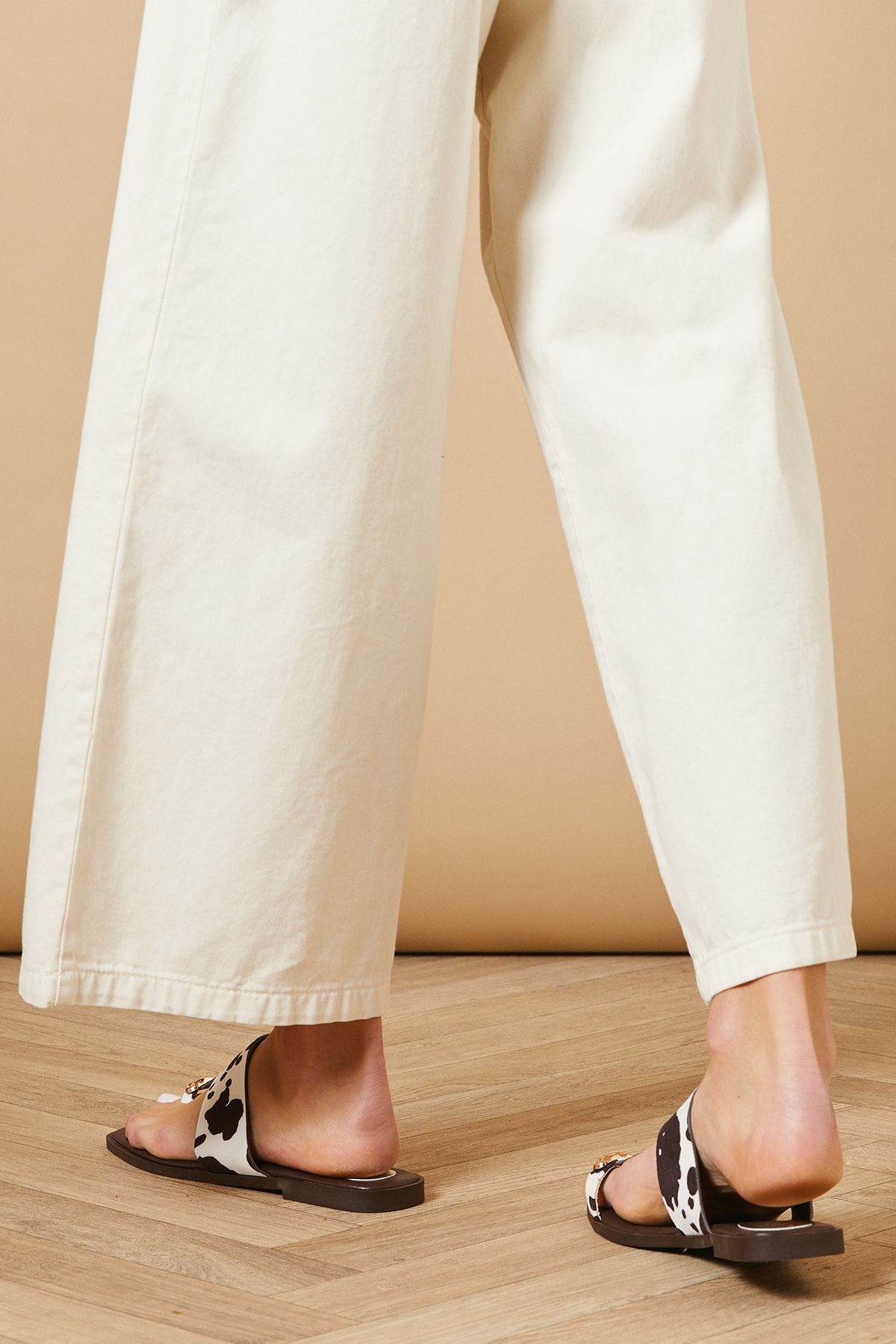 Oasis Fizz Faux Cow Print Suede Embellished Toe Loop Sliders Brown image 4