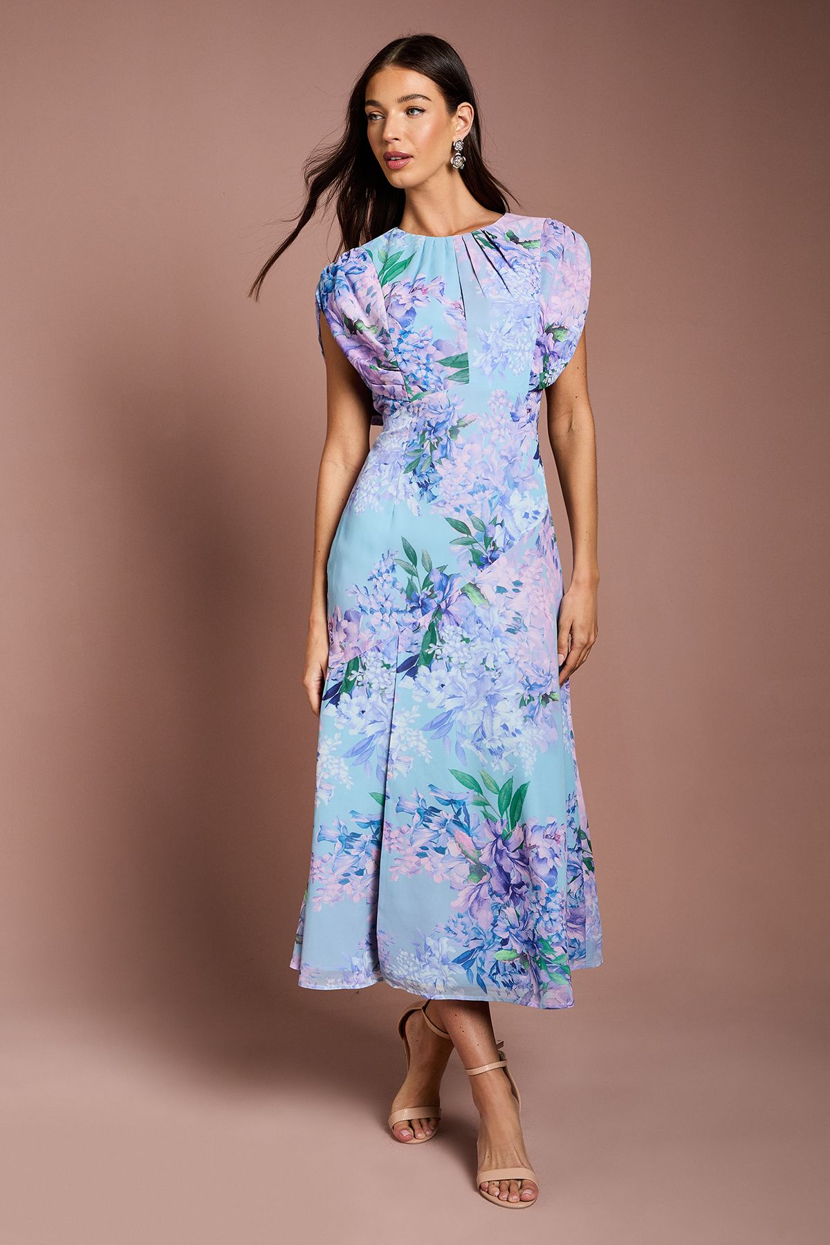 Coast Cap Sleeve Floral Chiffon Midi Dress Pale Blue image 1