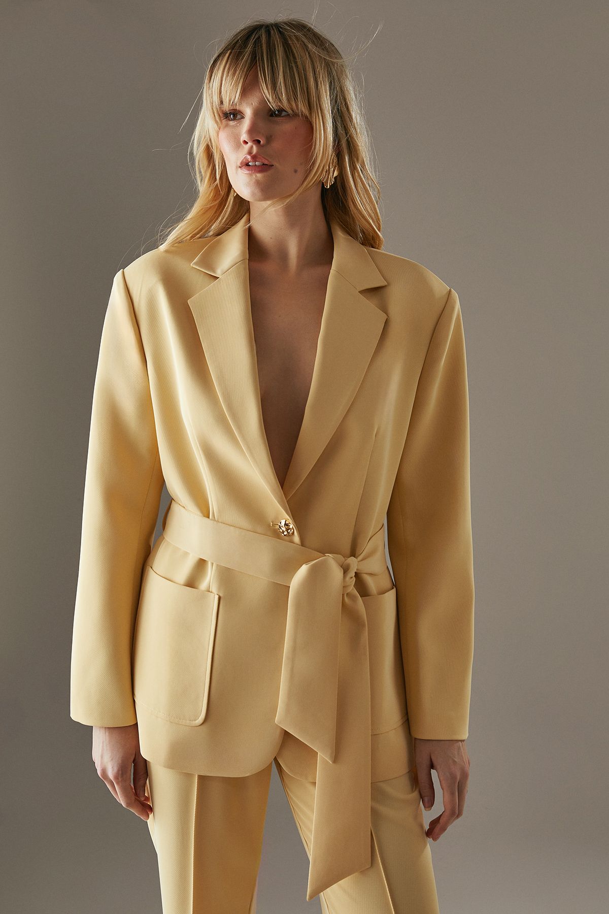 Warehouse Tailored Tie Waist Blazer Yellow image 1
