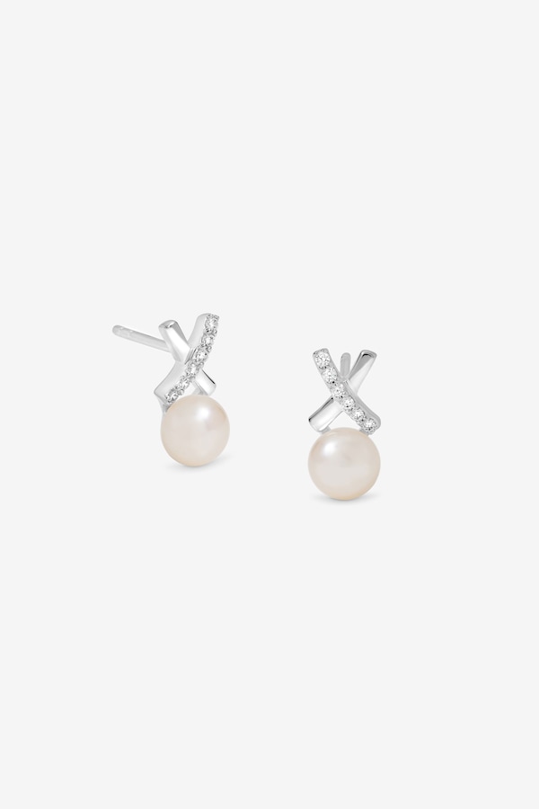 Simply Silver Sterling Silver 925 Polished and Pave Kiss Pearl Stud Earrings