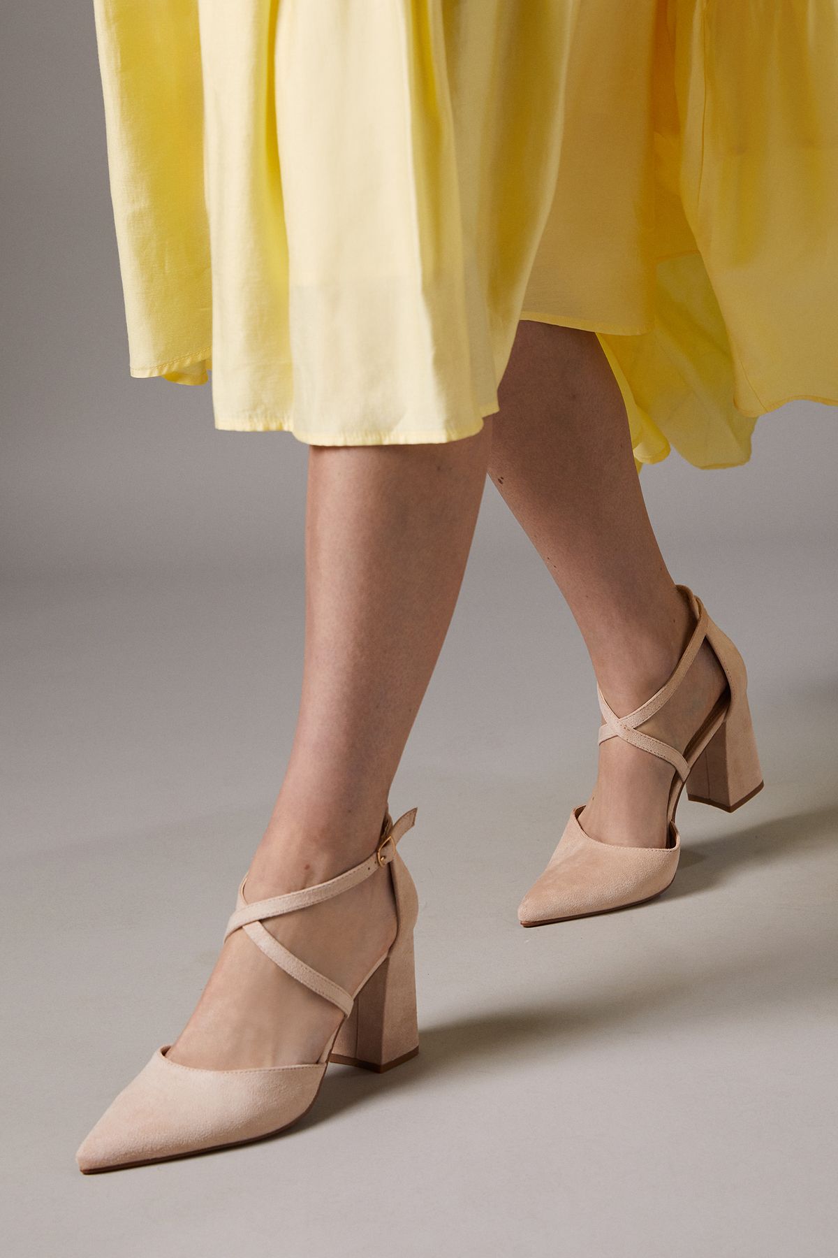 Coast Wide Fit Treat Faux Suede Cross Strap Pointed Block Heel Court Shoes Blush image 1