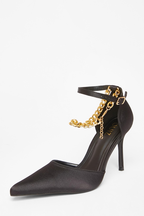 Quiz Black Satin Chain Strap Court Heels