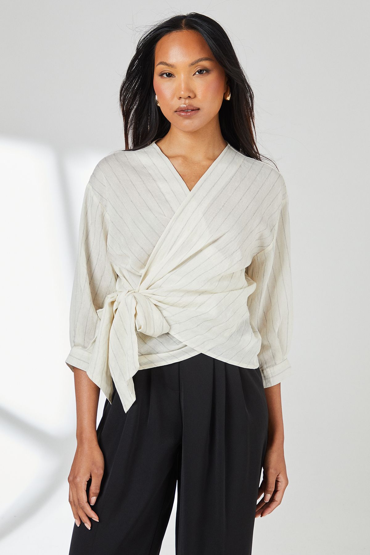 Principles Ivory Striped Linen Blend Wrap Top Ivory image 1