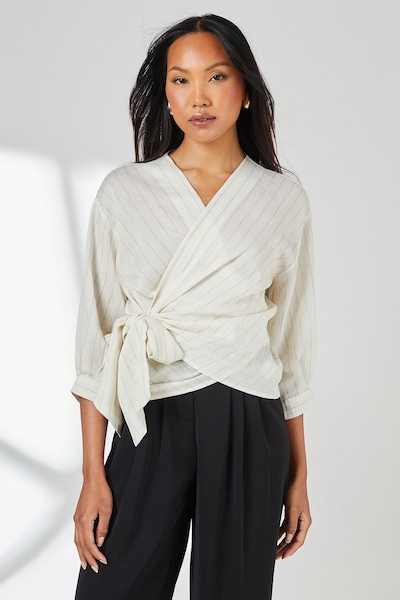 Principles Ivory Striped Linen Blend Wrap Top Ivory