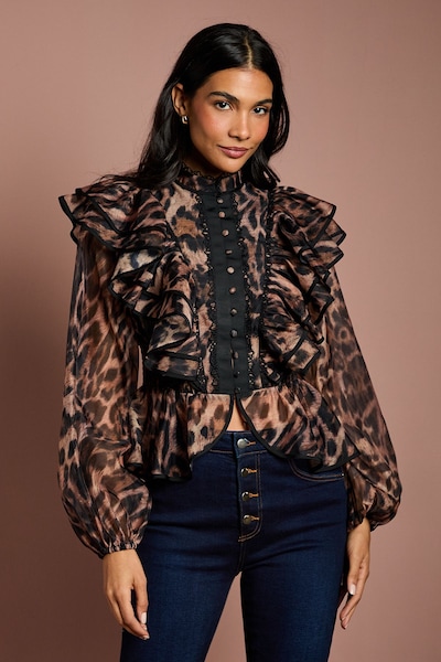 Coast Long Sleeve Leopard Organza Frill Blouse Leopard