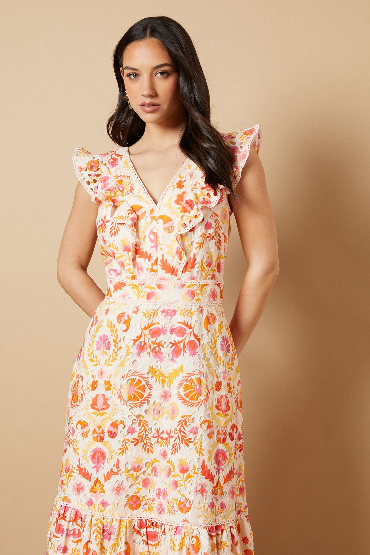 Oasis Broderie Detail V neck Midi Dress Multi image 4