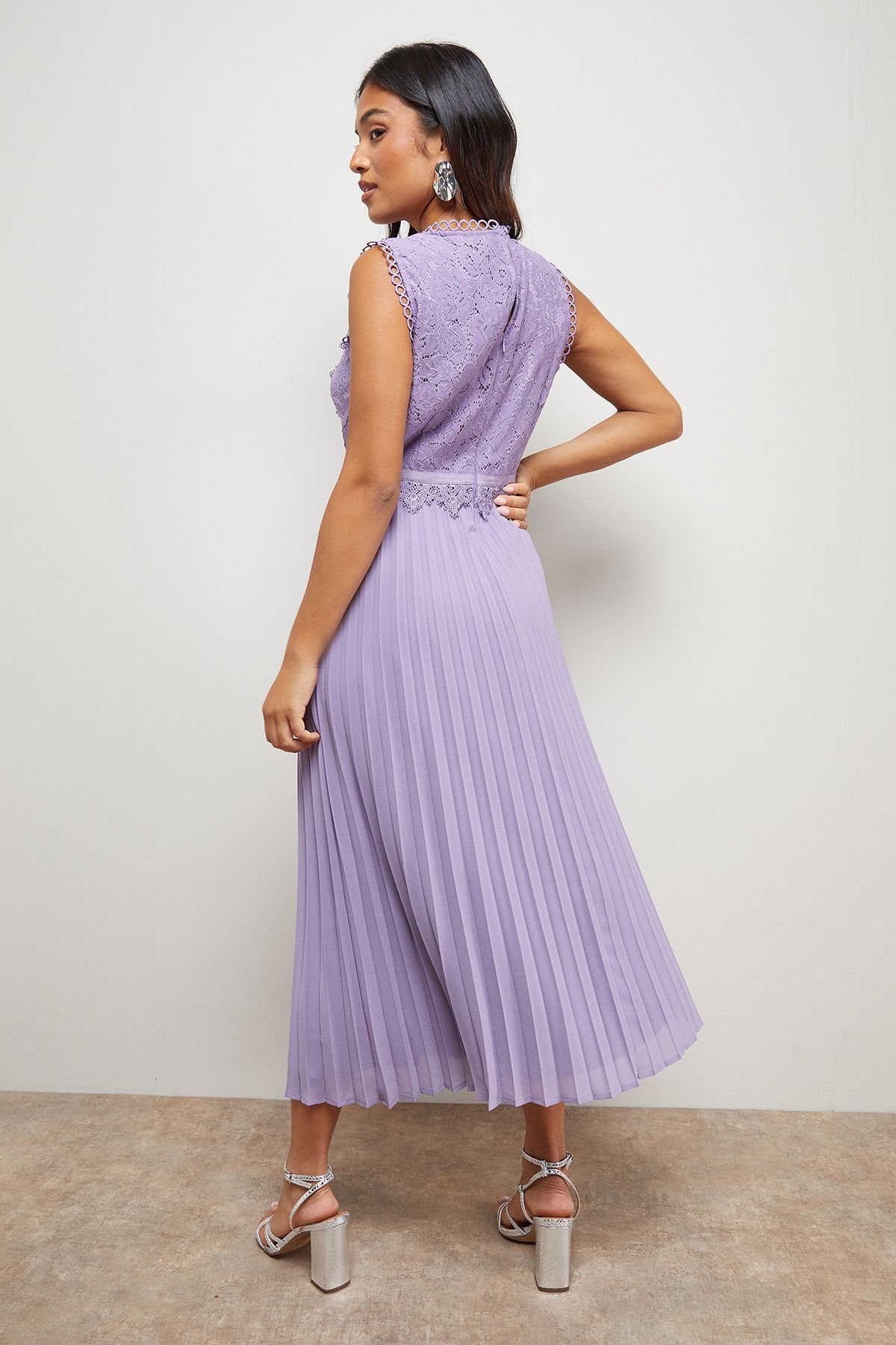 Oasis Petite Lace Pleated Sleeveless Midi Dress Mink image 3