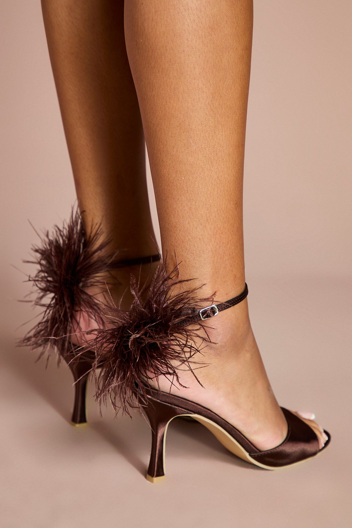 Coast Liv Satin Feather Back Detail High Stiletto Heeled Sandals Chocolate image 4