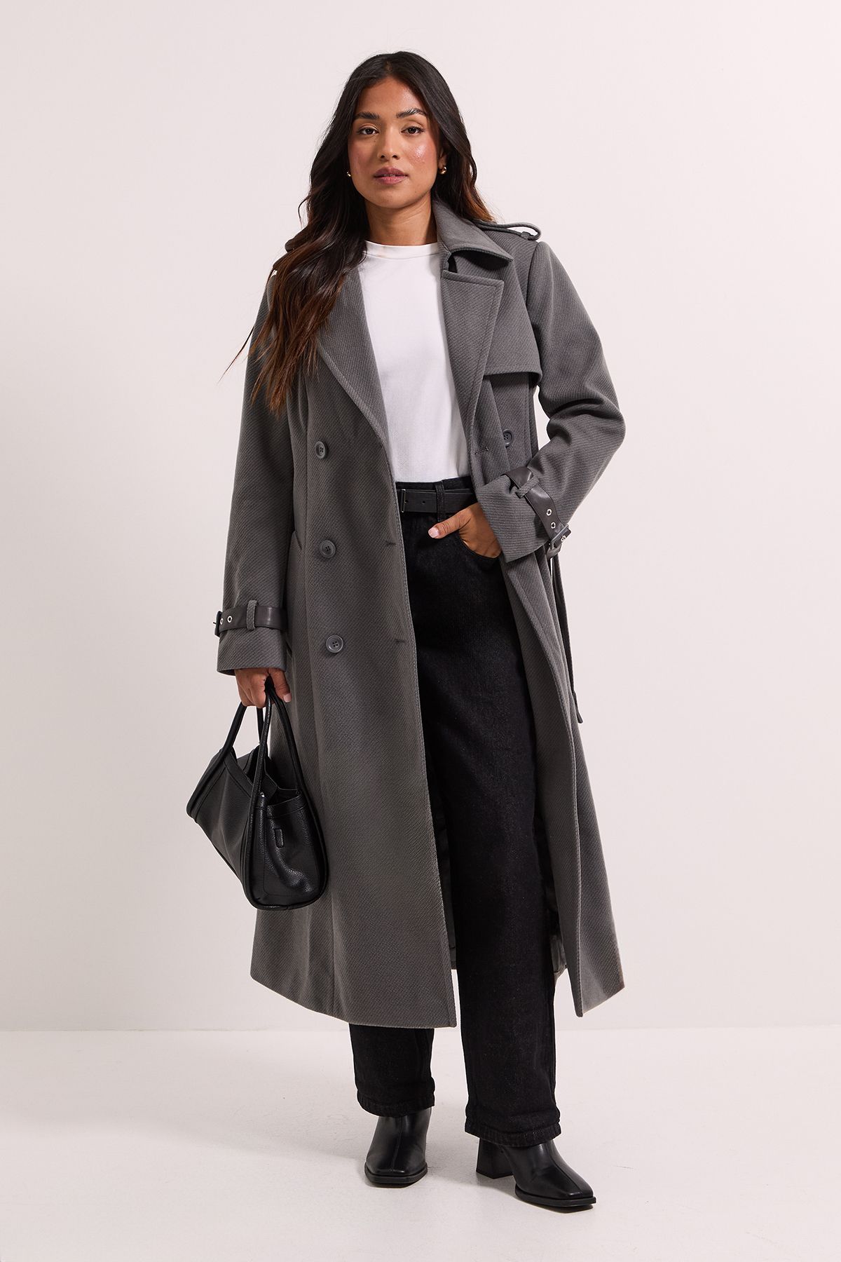 Dorothy Perkins Petite Cuff Detail Buttoned Longline Coat Grey image 1