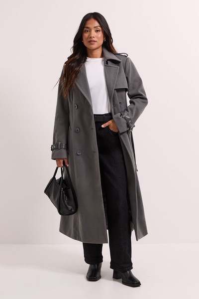 Dorothy Perkins Petite Cuff Detail Buttoned Longline Coat Grey