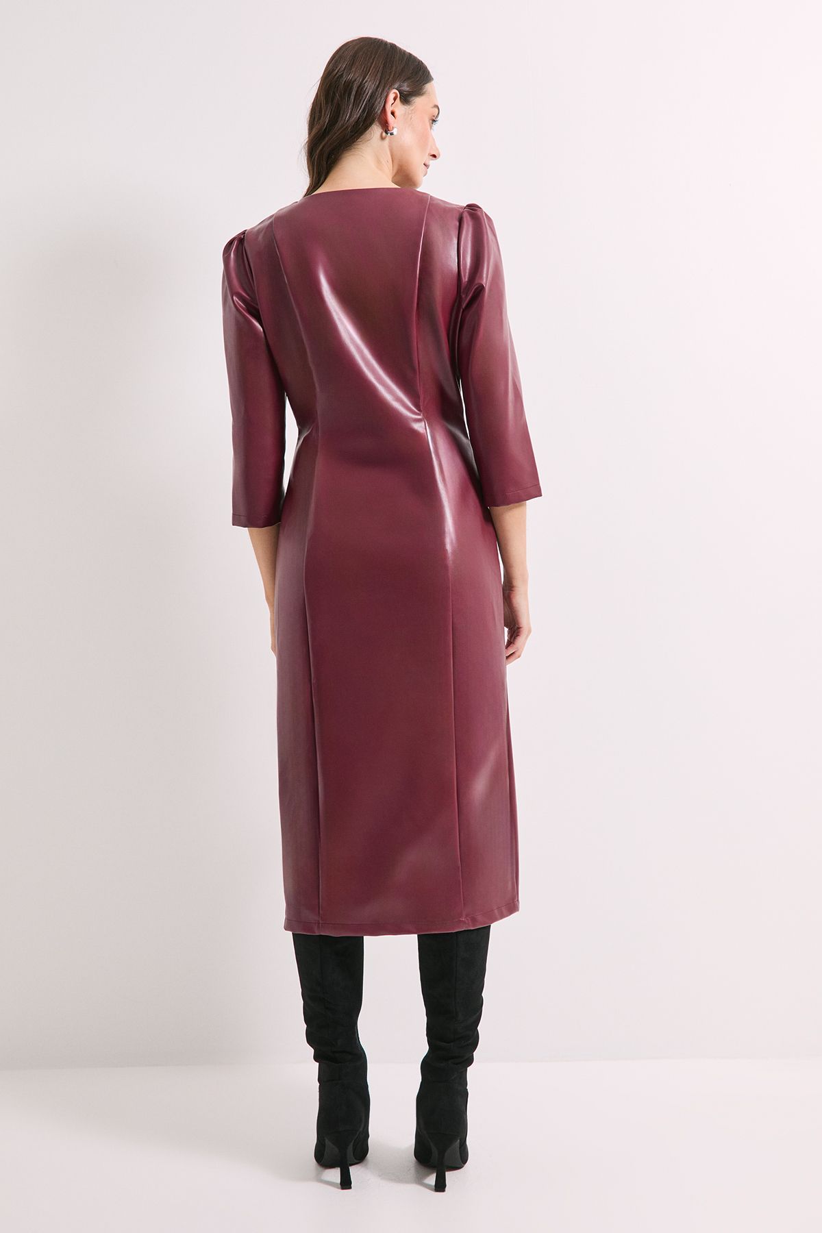 Principles PU Long Sleeve Column Midi Dress Wine image 3