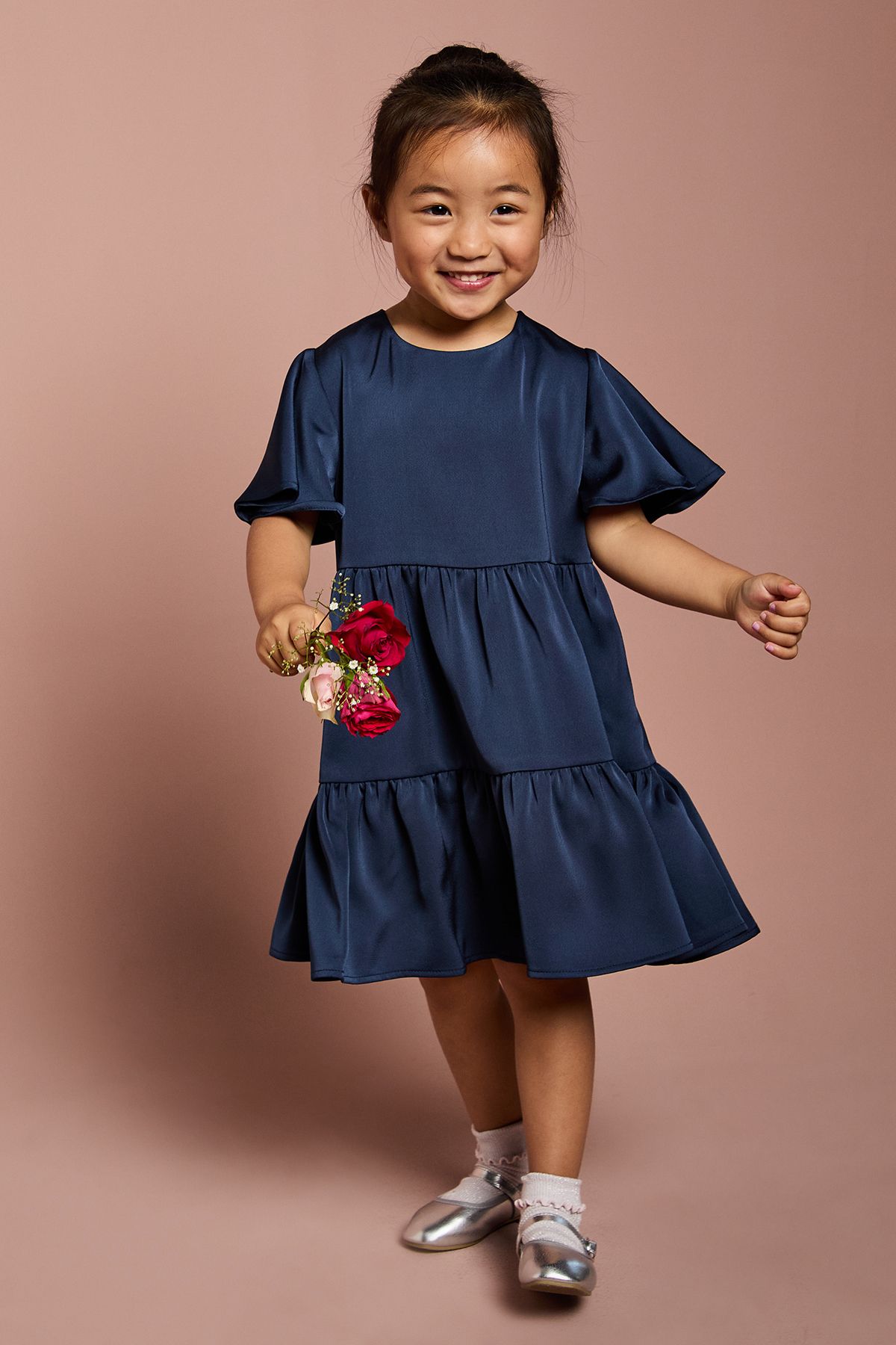 Coast Girls Satin Back Crepe Tiered Angel Sleeve Dress Navy image 4