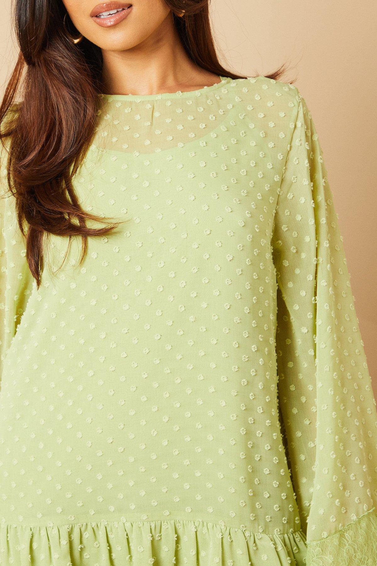 Oasis Petite Bell Sleeve Tiered Mini Dress Green image 4