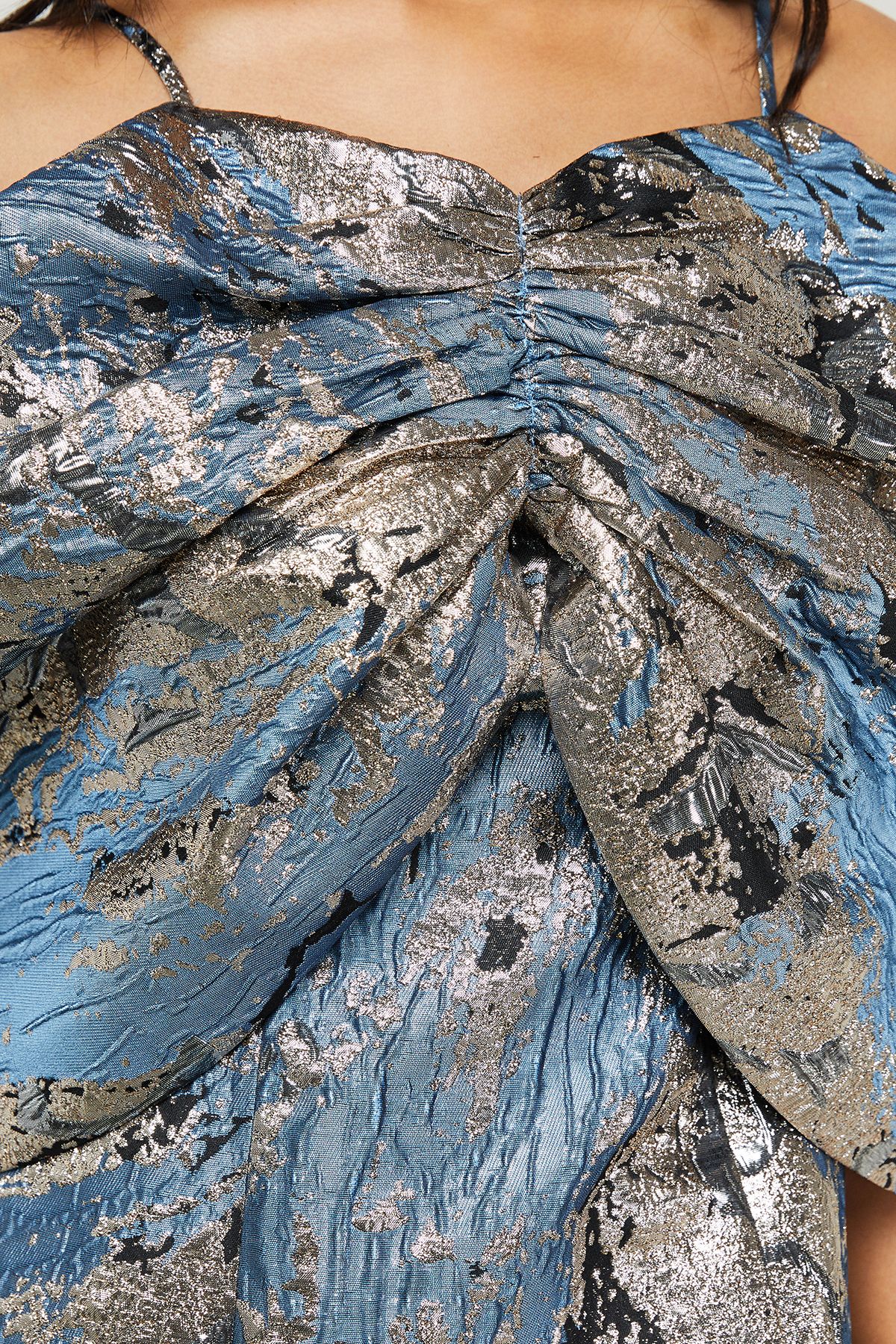 Warehouse Metallic Jacquard Dramatic Sleeves Mini Dress Blue image 5