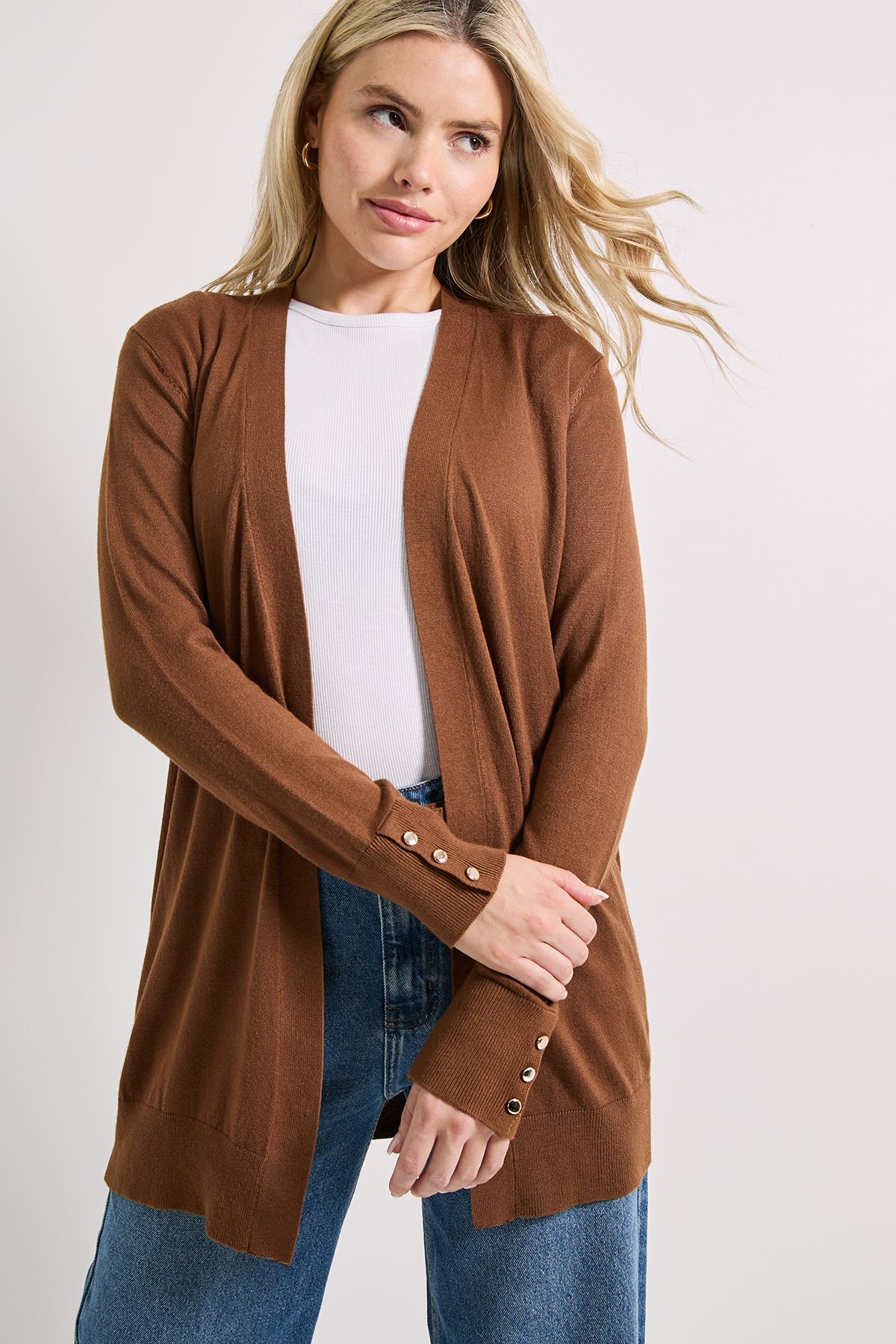 Dorothy Perkins Chocolate Longline Button Cuff Cardigan Chocolate image 2