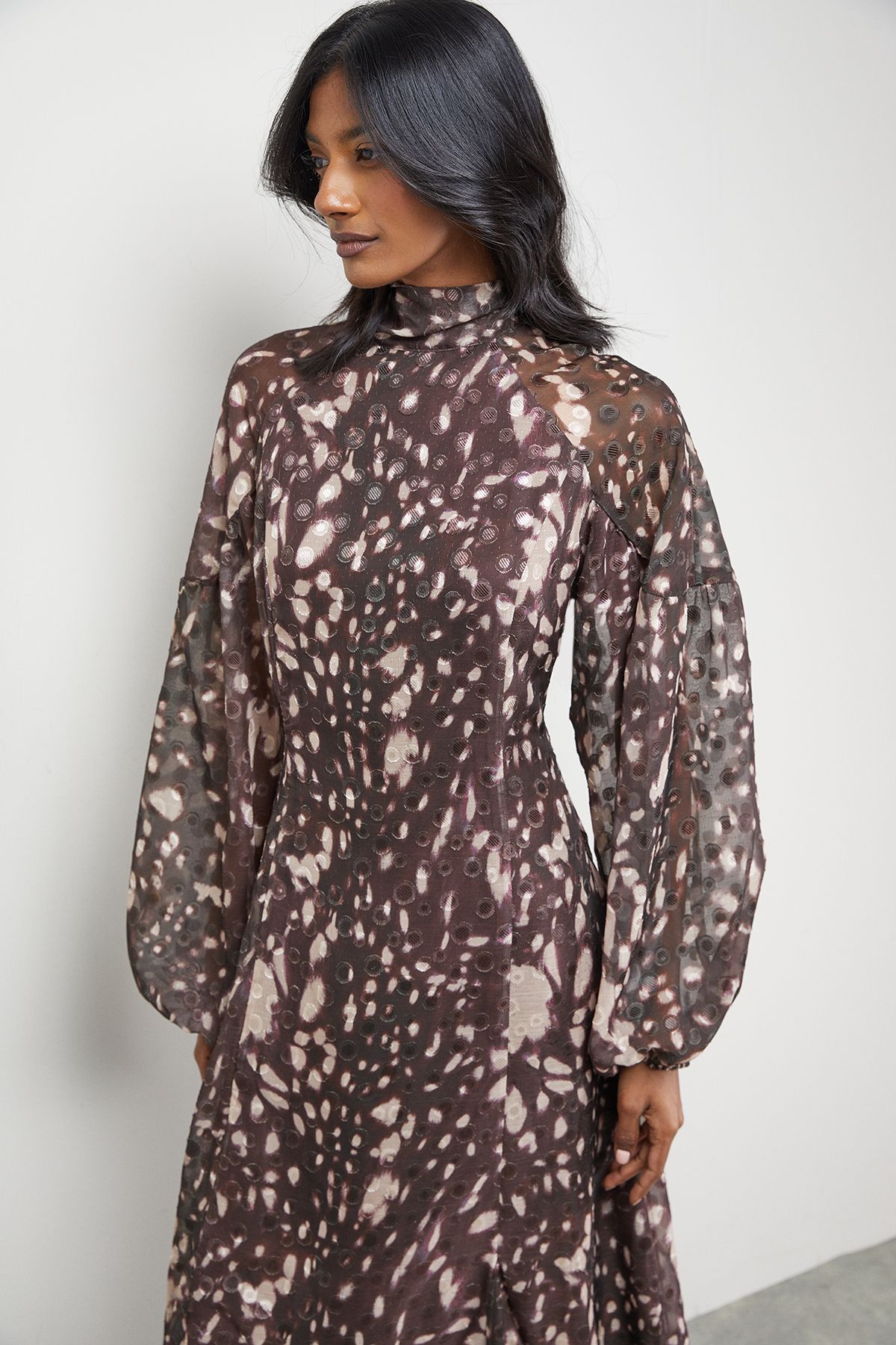 Warehouse Paisley Burnout Spot High Neck Godet Midi Dress Floral image 2