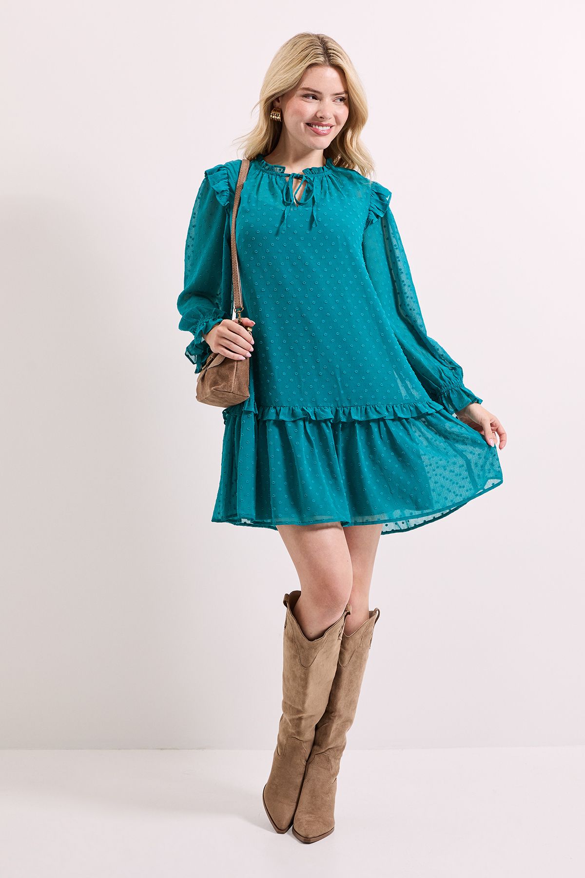 Dorothy Perkins Tiered Hem Tie Neck Shift Dress Teal image 1