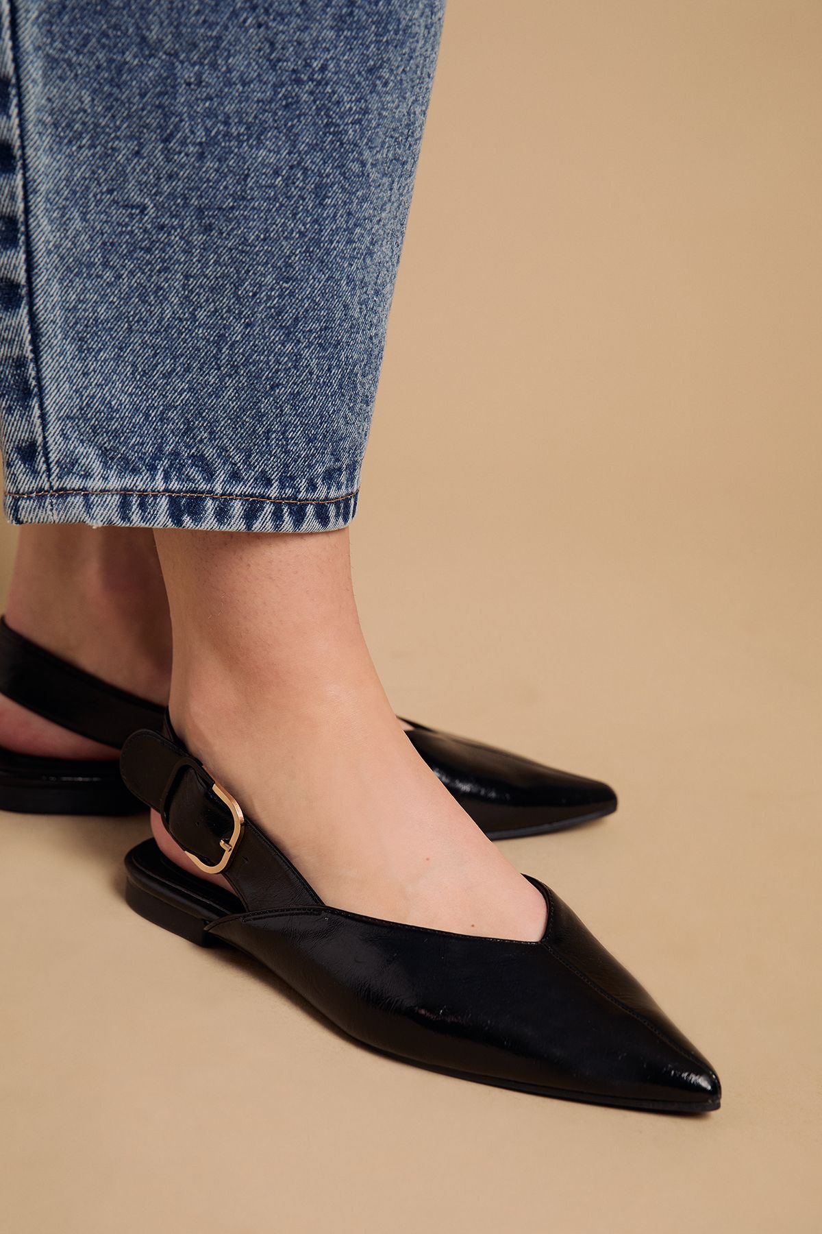 Oasis Sandy Faux Patent Leather Pointed Slingback Buckle Flat Shoes True Black image 3