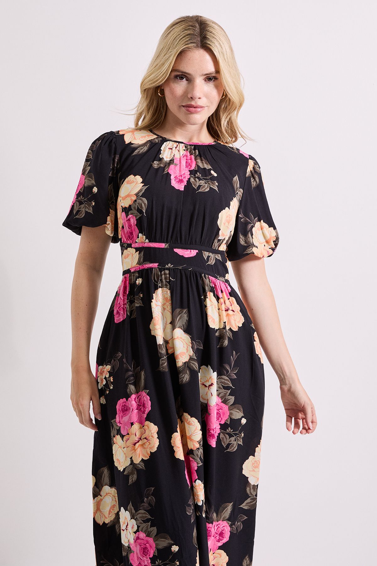 Dorothy Perkins Black Floral Dropped Waist Puff Sleeve Midi Dress Black image 2