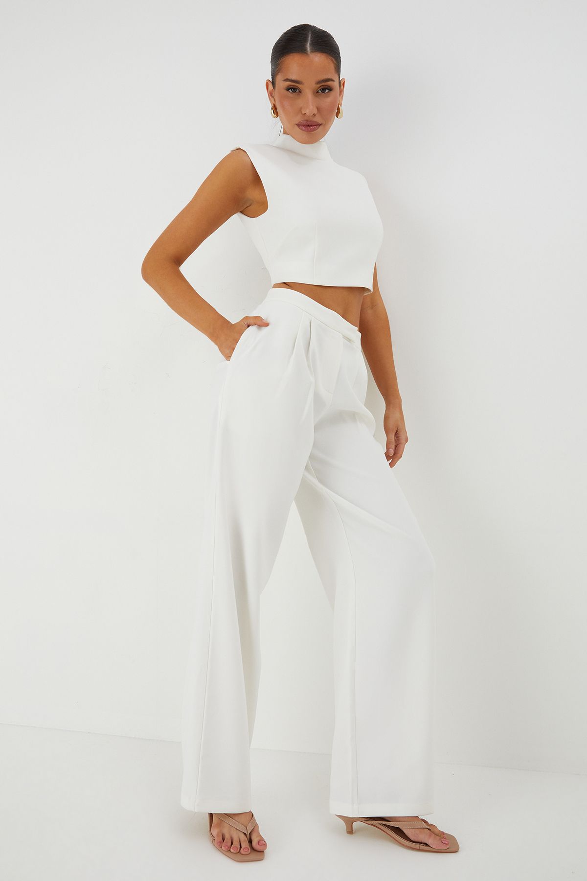 MissPap Shoulder Pad Top and Tailored Trouser Co Ord White image 4