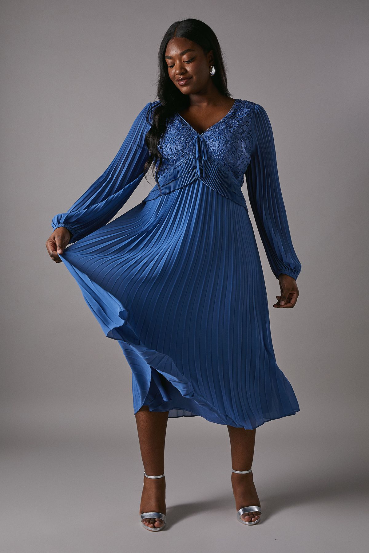 Coast Plus Lace Insert Long Sleeve Pleat Dress Blue