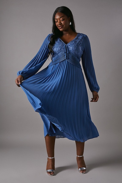 Coast Plus Lace Insert Long Sleeve Pleat Dress Blue