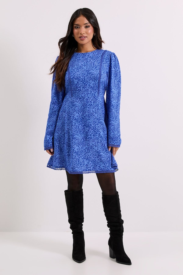 Dorothy Perkins Petite Blue Animal Lace Trim Detail Tie Back Printed Mini Dress Animal