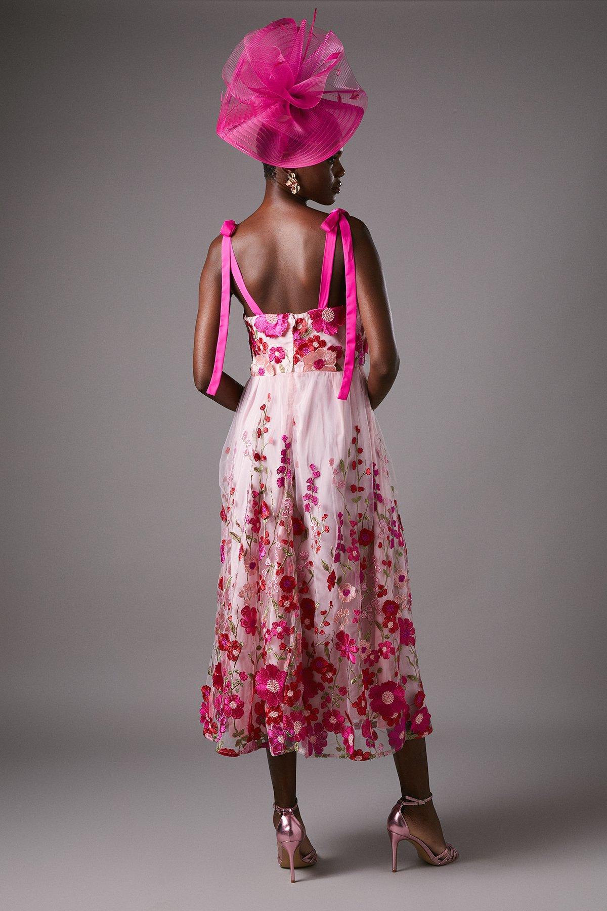 Coast Embroidered Floral Mesh Midi Wedding Guest Dress Pink image 4