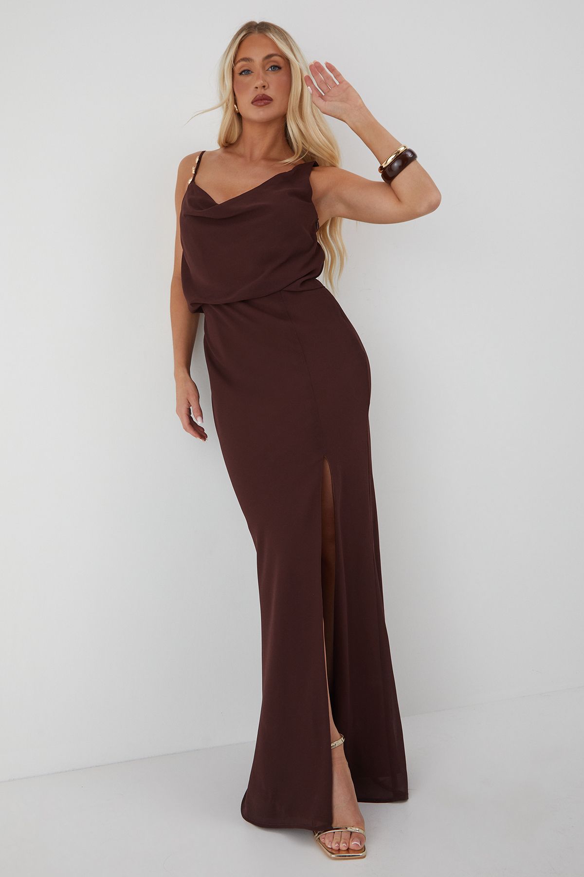 MissPap Shell Trim Asymmetric Cowl Maxi Dress Chocolate image 4
