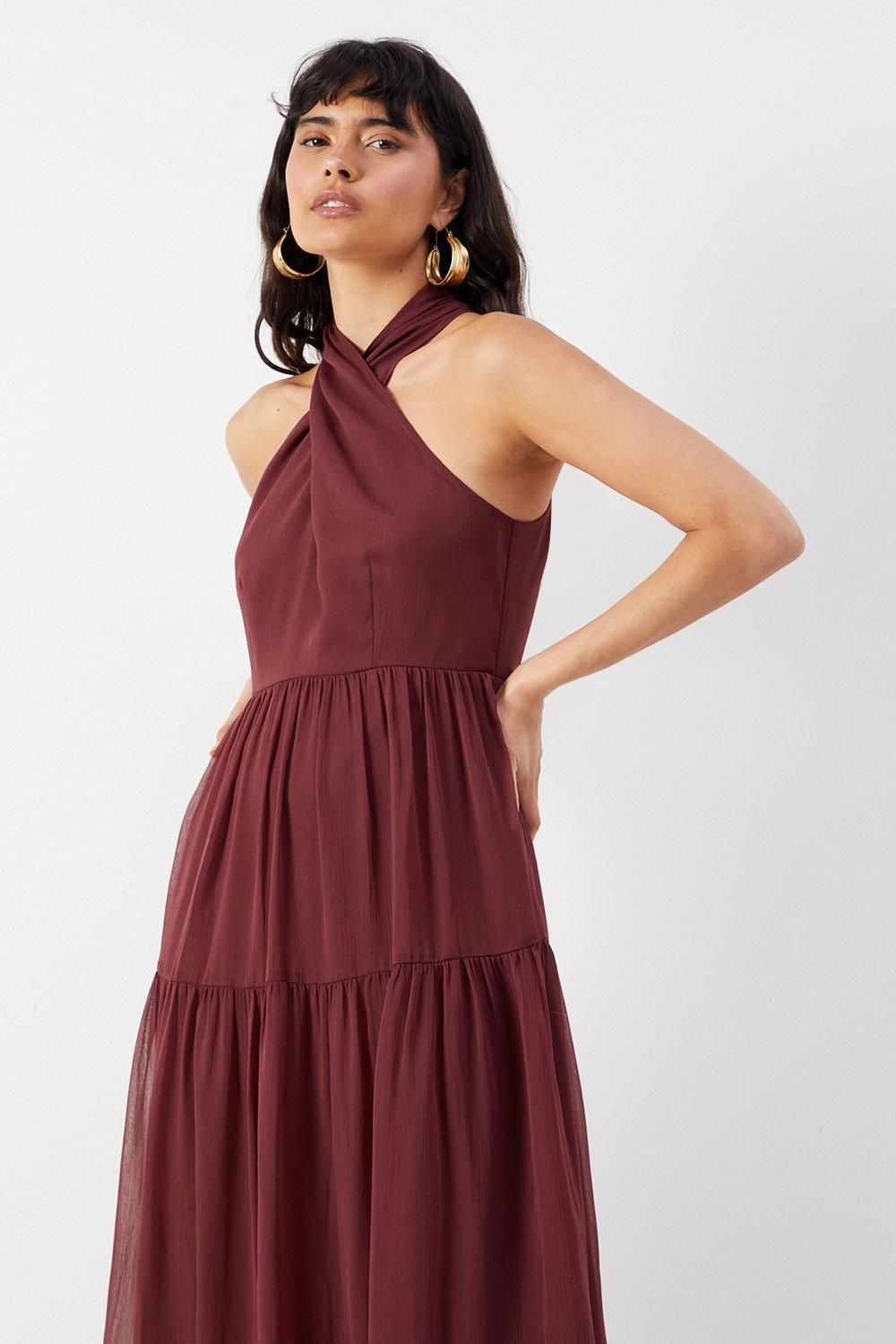 Warehouse Chiffon Halter Tier Maxi Dress Chocolate image 2