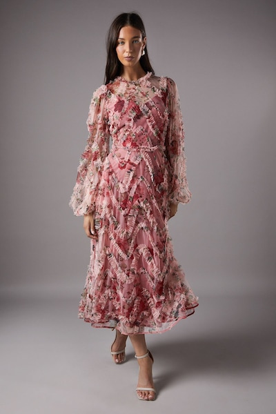 Coast Long Sleeve Applique Floral Midi Dress Pink
