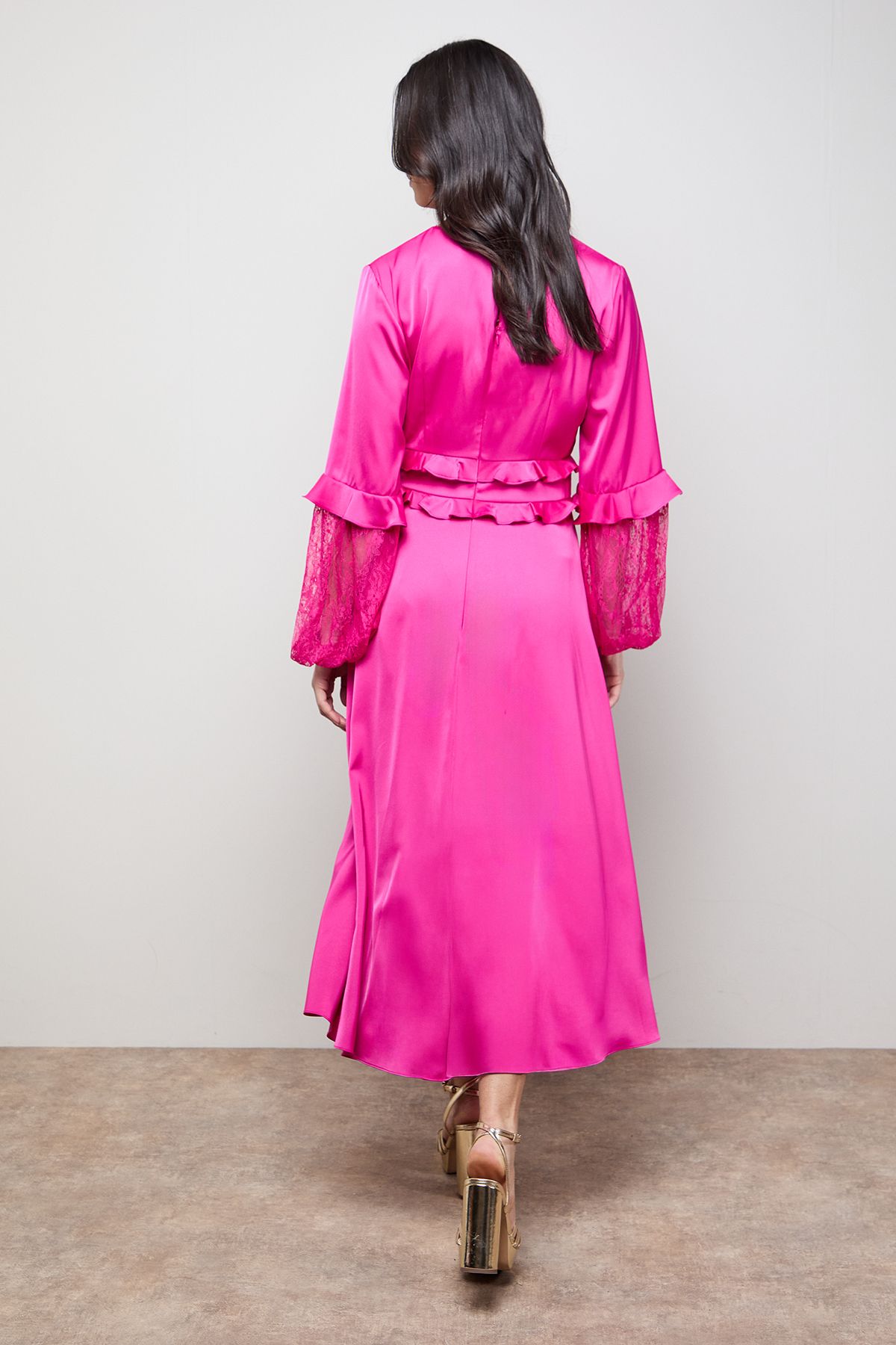 Oasis Lace Sleeve Frill Waist V Neck Midi Dress Fuchsia image 3