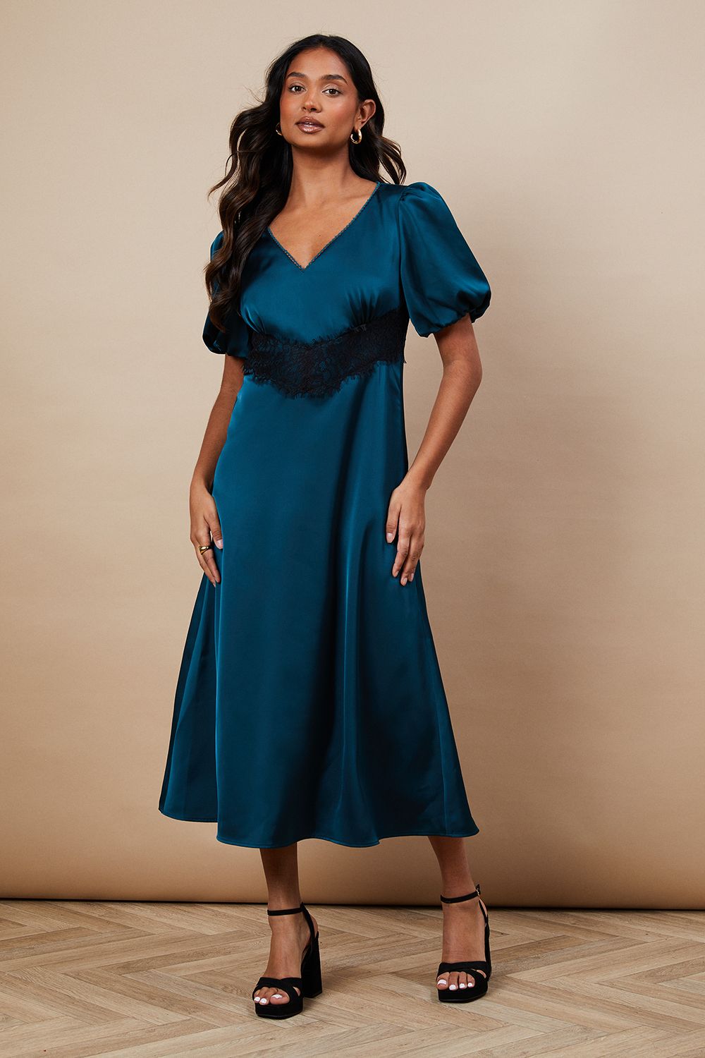 Oasis Occasion Satin Lace Waist Midi Dress Green image 1