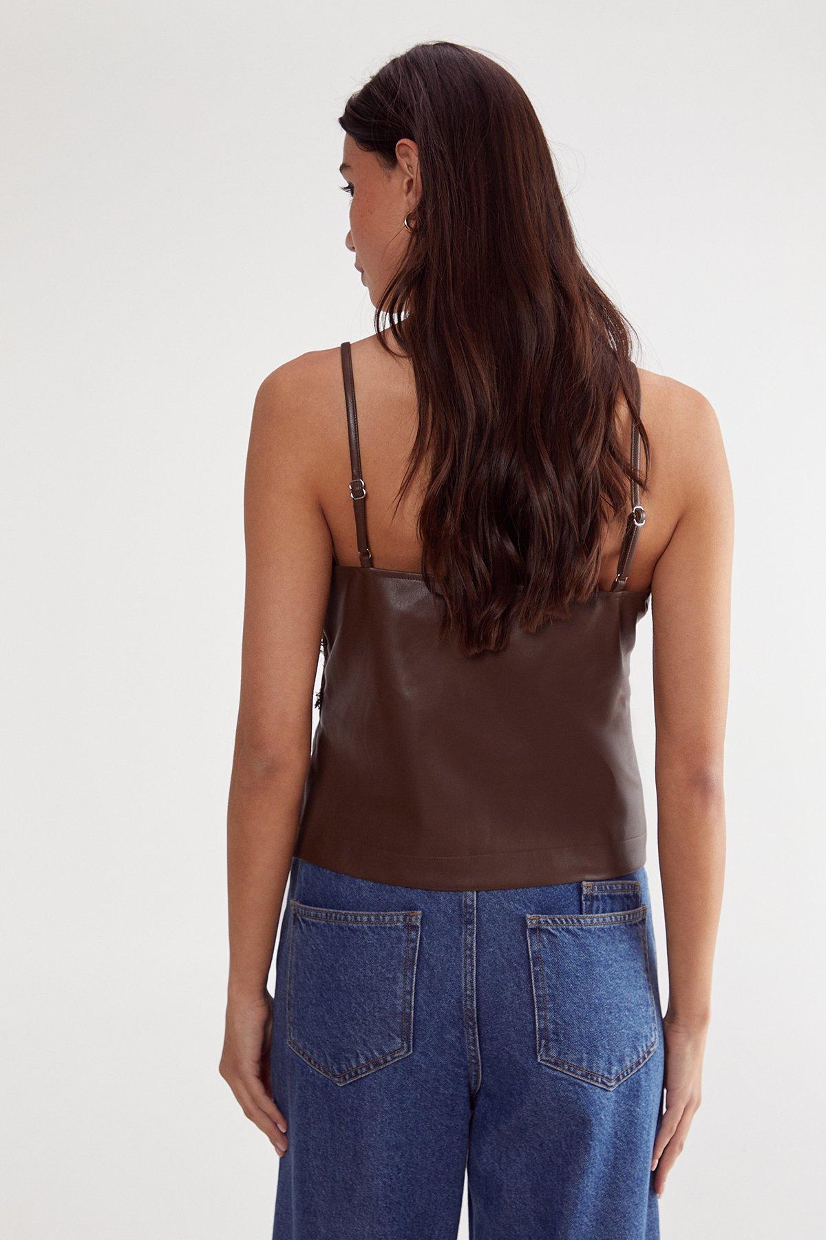 NastyGal Eyelash Lace Trim Detail Faux Leather Cami Top image 4