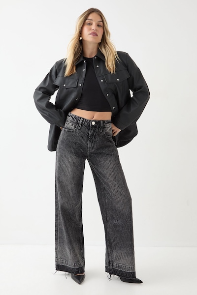 MissPap Diamante Embellished Straight Leg Jeans Washed Black