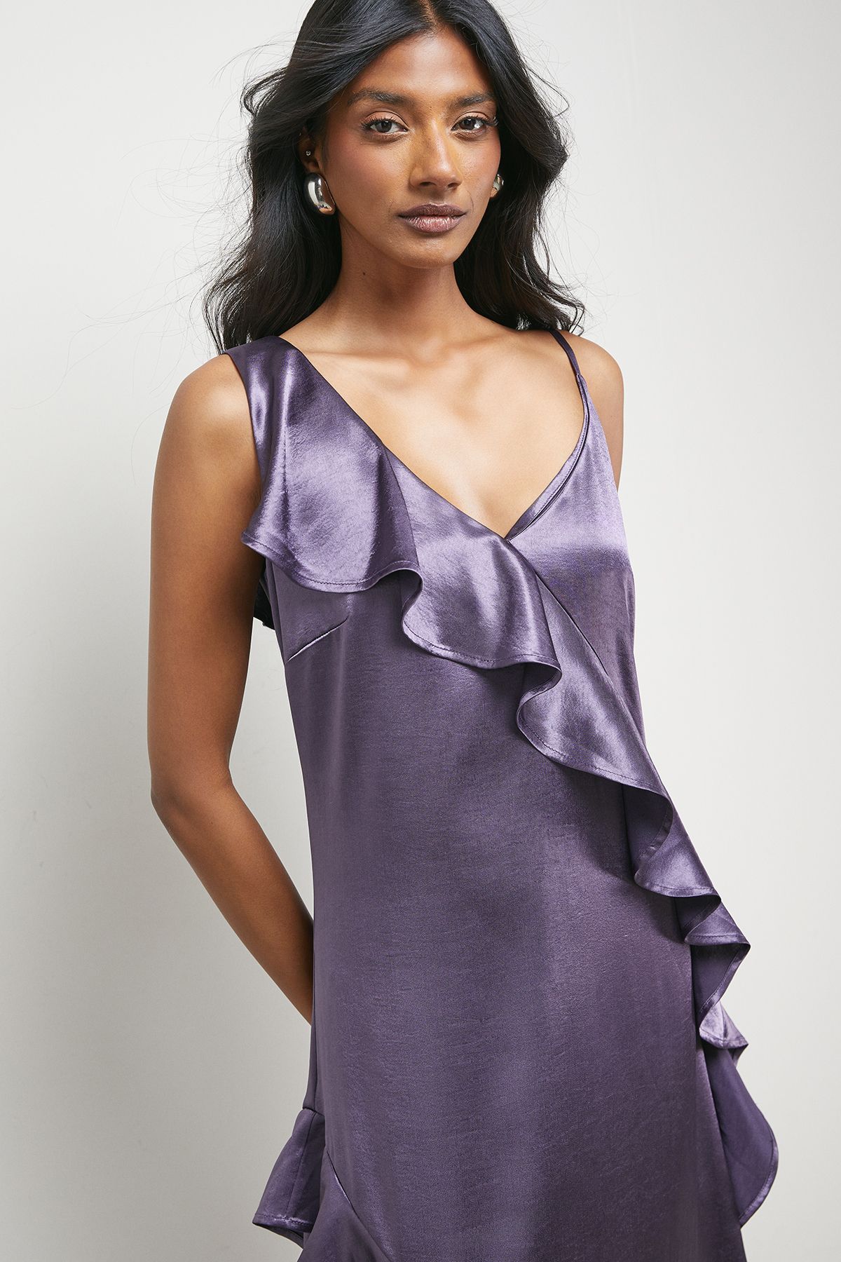 Warehouse Metallic Satin Ruffle High Apex Midi Slip Dress Mauve image 2