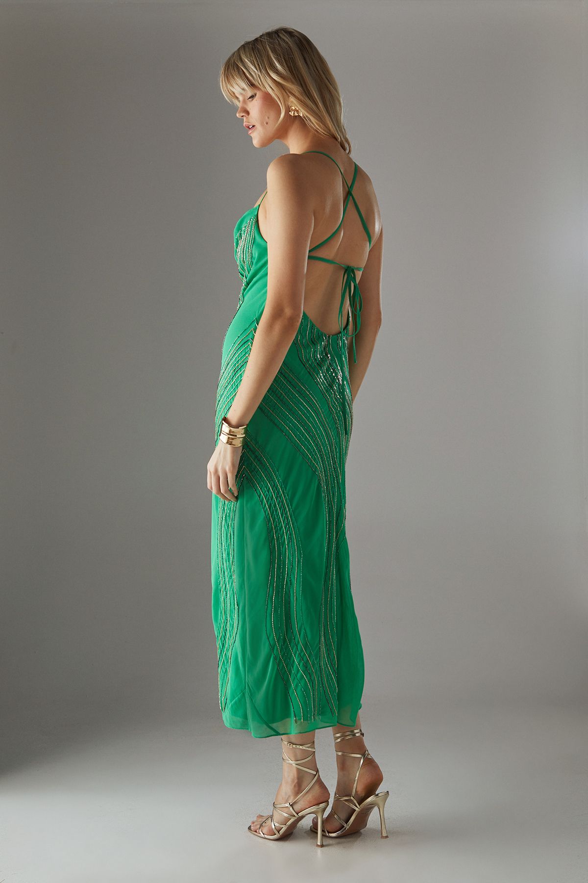 Warehouse Hand Embellished Sequin Swirl Strappy Back Cowl Bias Midi Dress Green image 4