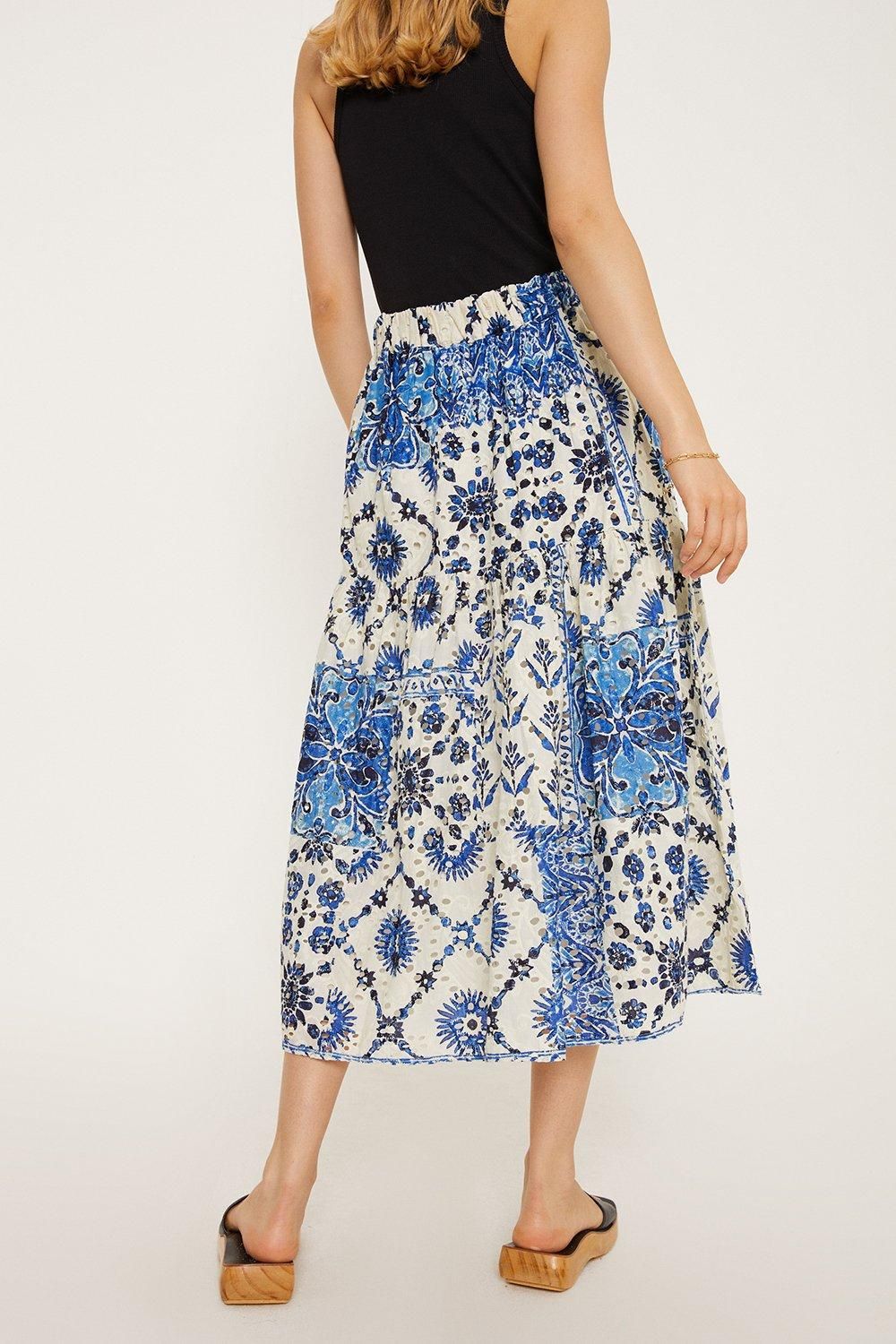 Oasis Blue Printed Broderie Tiered Midi Skirt Blue image 3