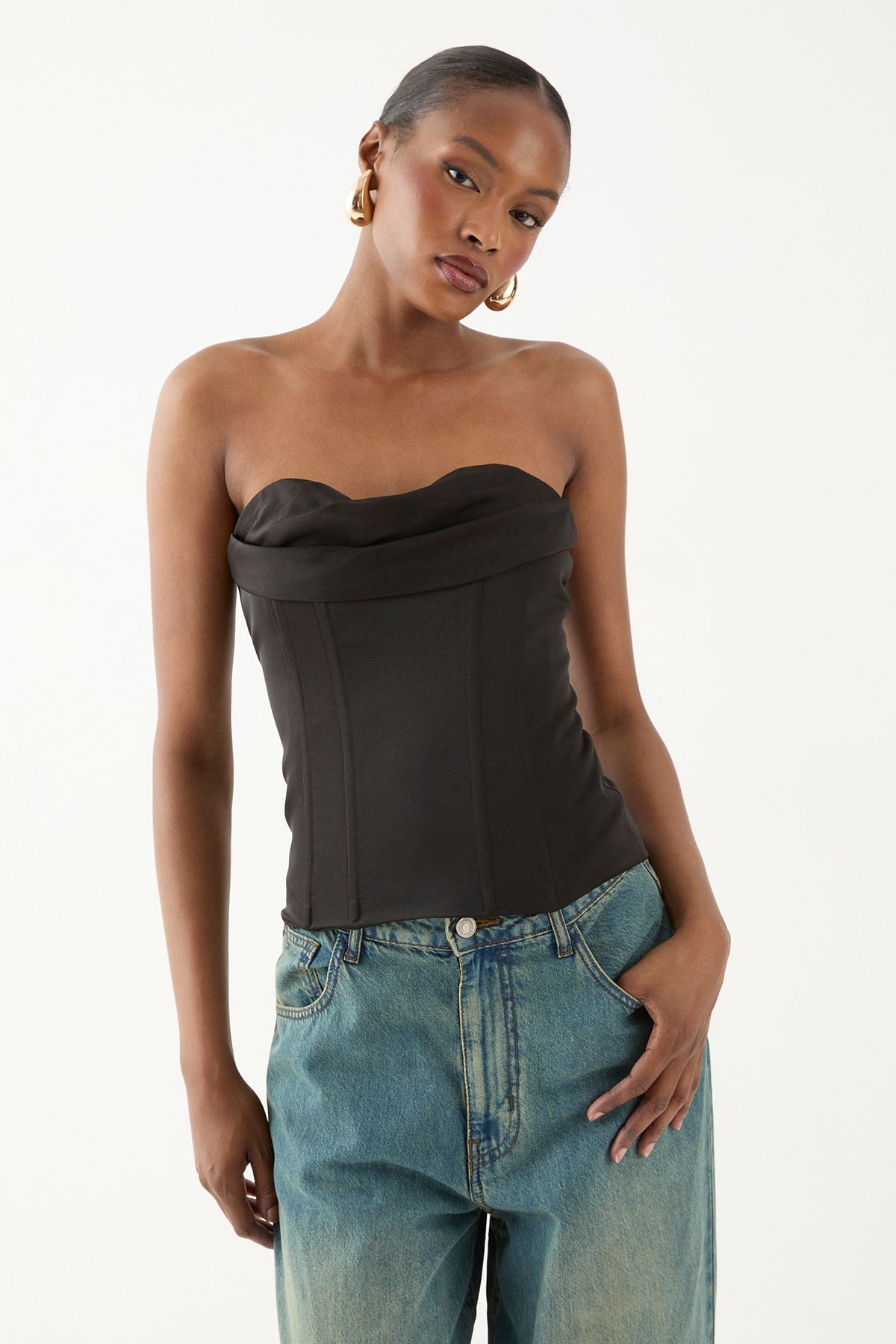 MissPap Satin Bandeau Draped Corset Top Black image 2