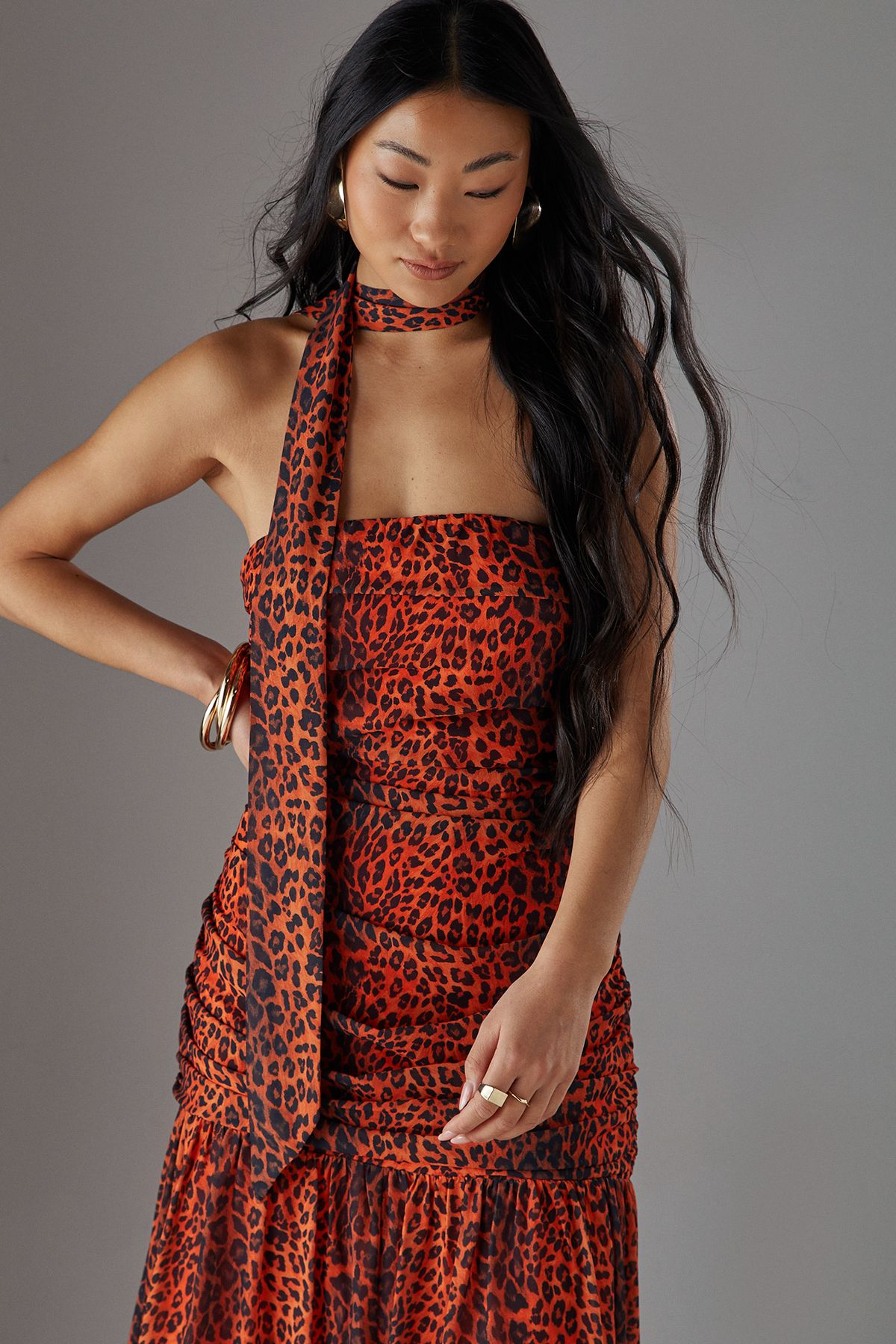 Warehouse Petite Chiffon Neck Tie Bandeau Ruched Maxi Dress Orange image 2