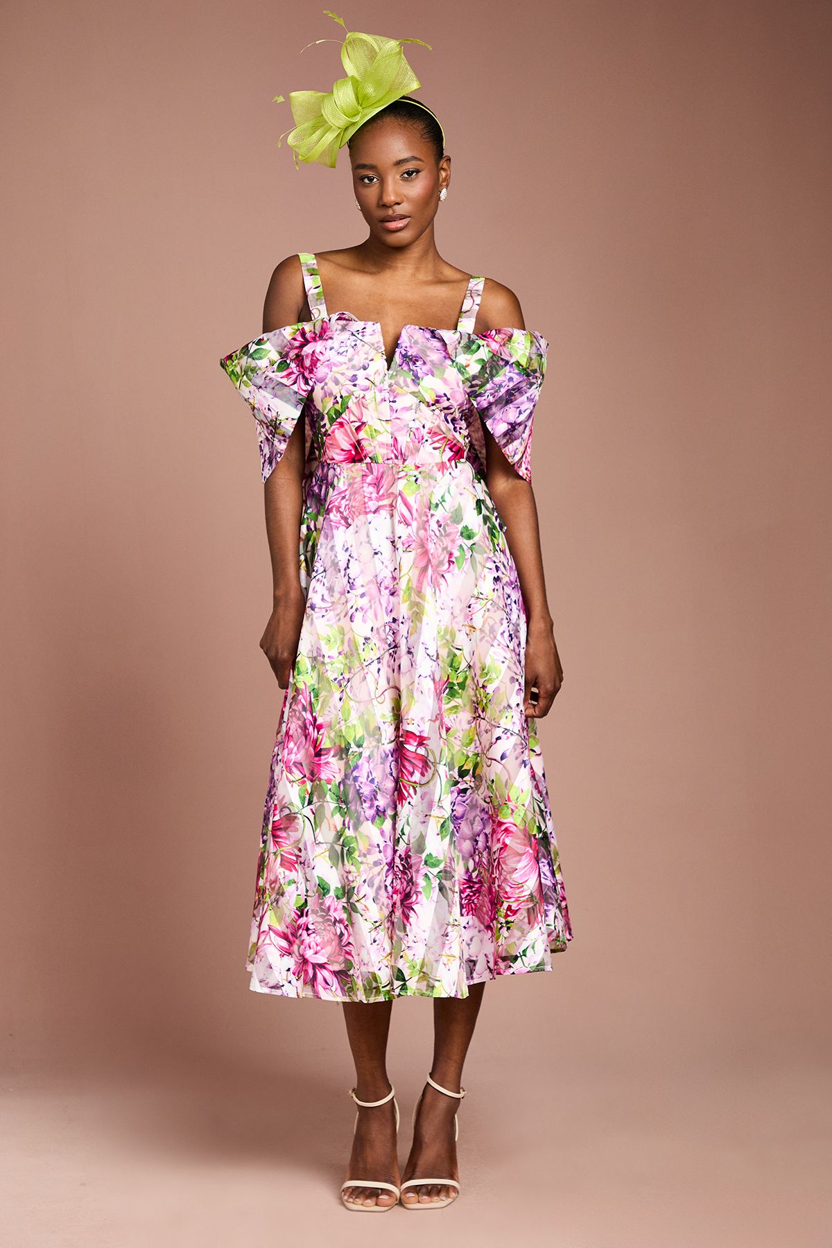 Coast Lisa Tan Printed Organza Bardot Midi Dress Pink image 2