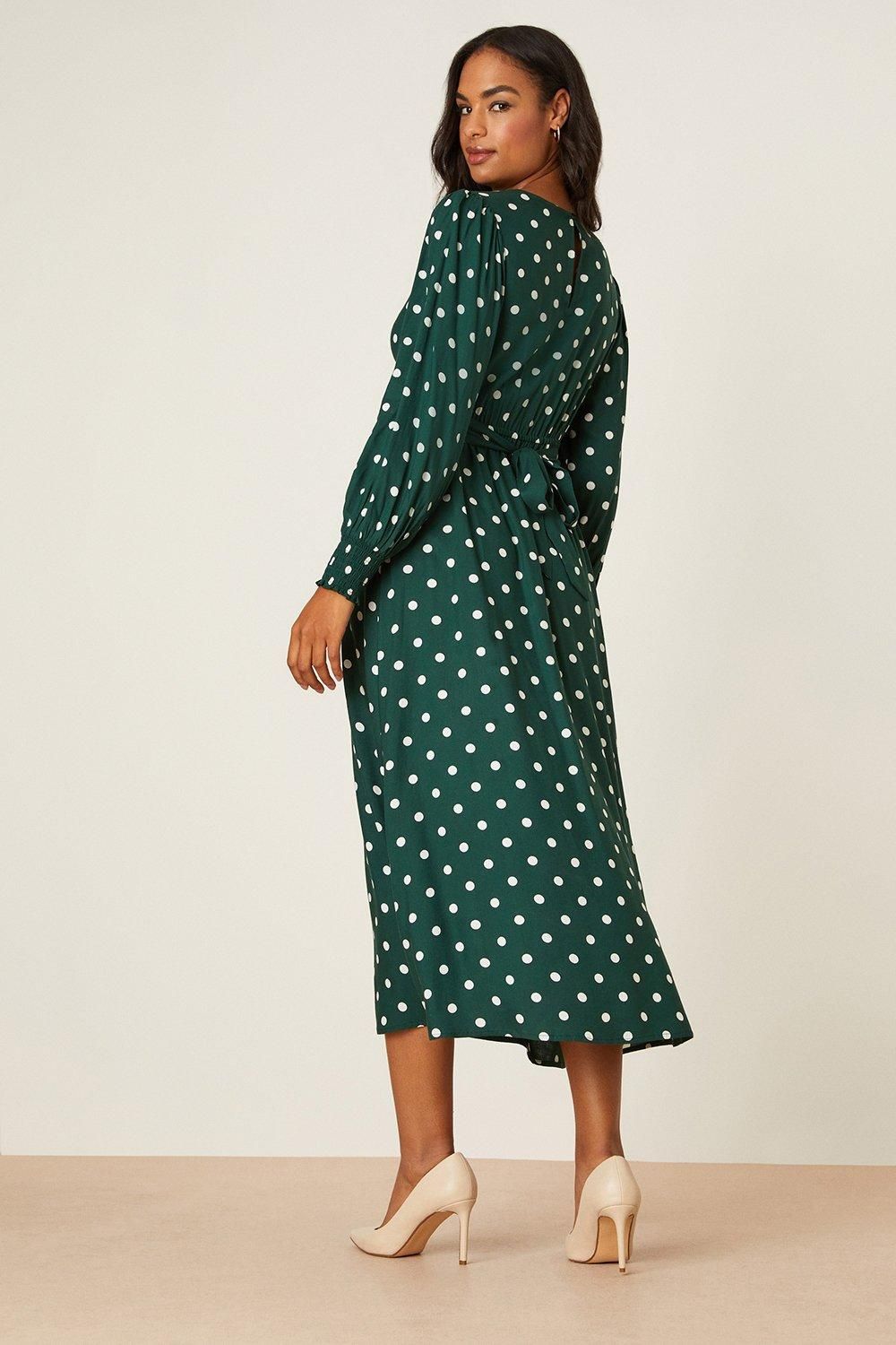 Dorothy Perkins Green Spot Long Sleeve Shirred Cuff Midi Dress Green image 3