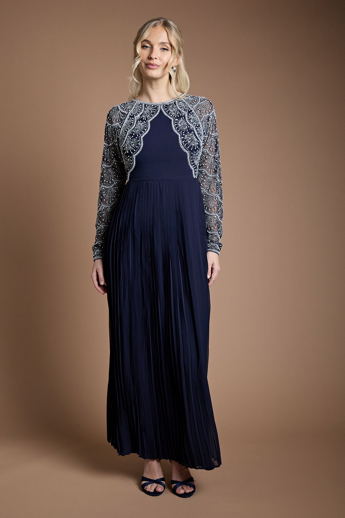 Coast Scallop Embellished Pleated Maxi Bridesmaid Dress Navy