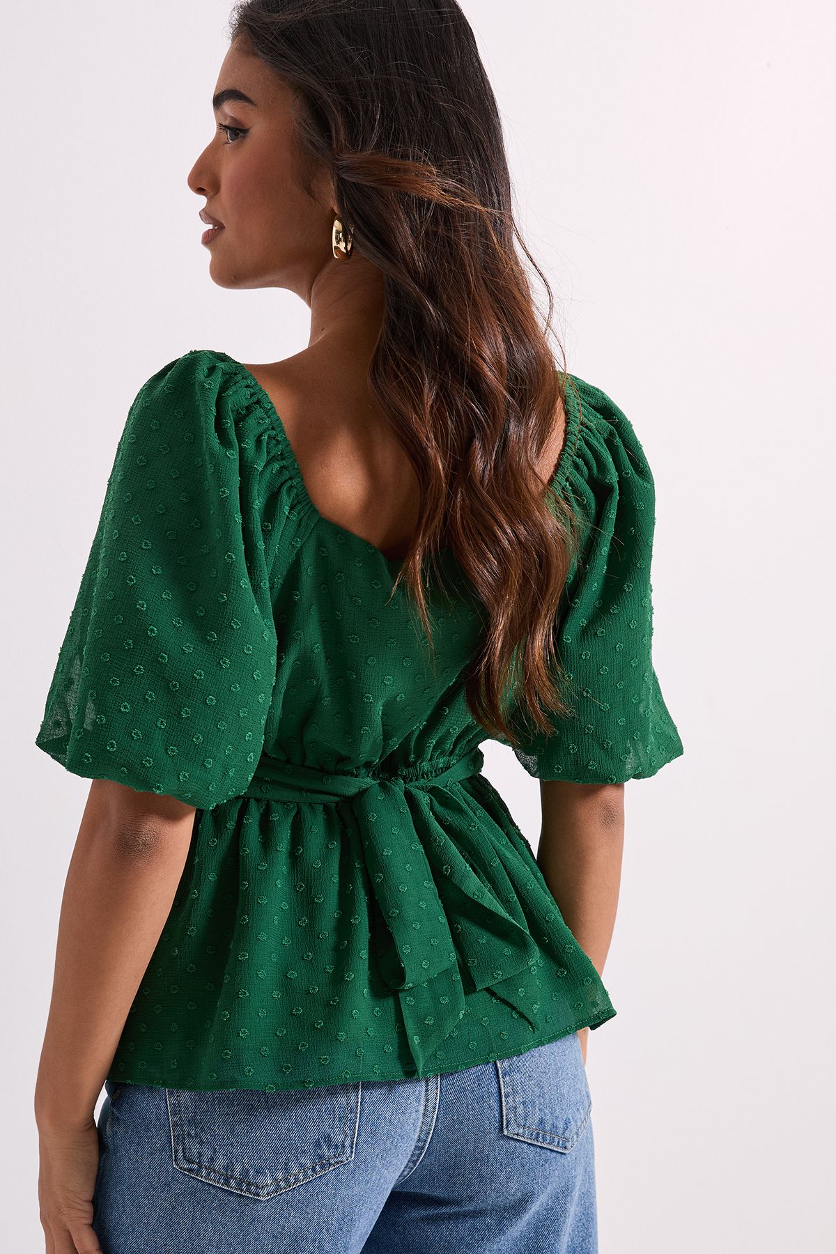 Dorothy Perkins Petite Sweetheart Tie Back Puff Sleeve Top Green image 4