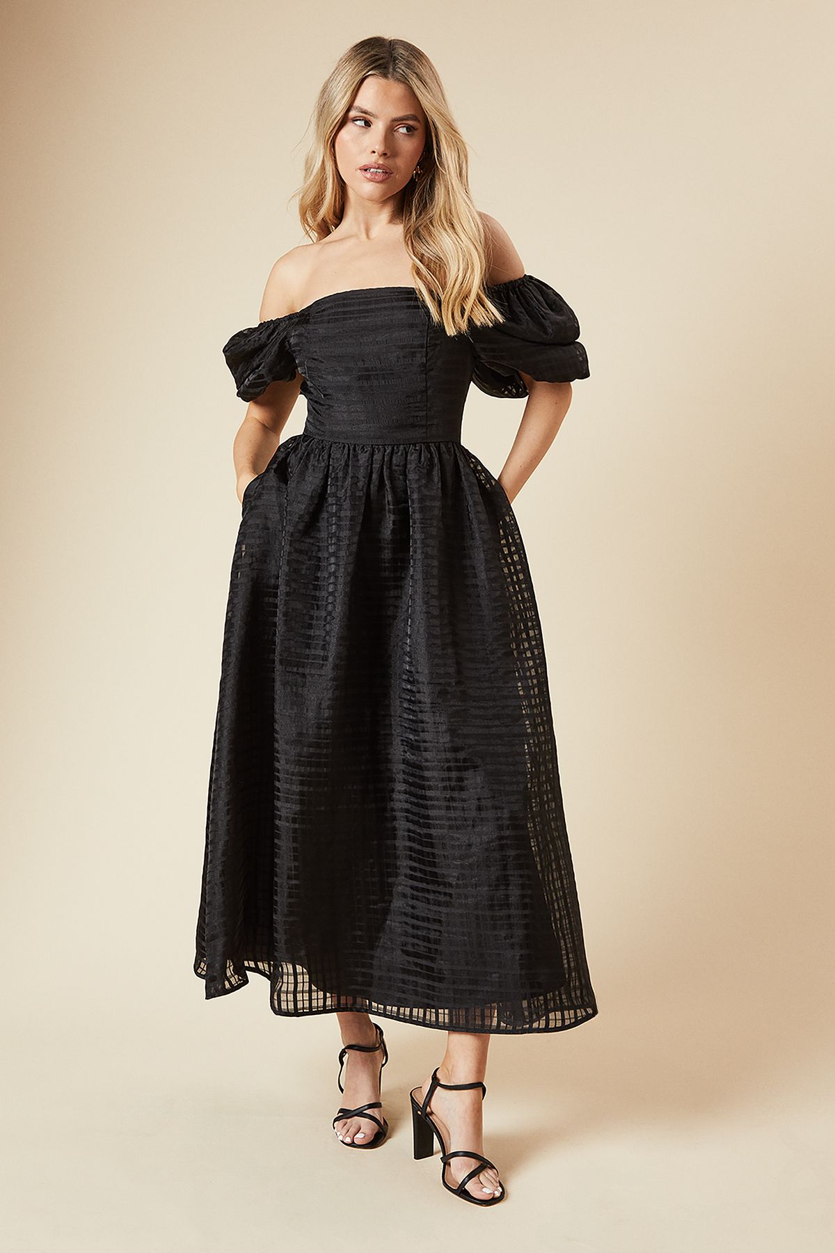 Dorothy Perkins DP Luxe Seersucker Square Neck Midi Dress Black image 1